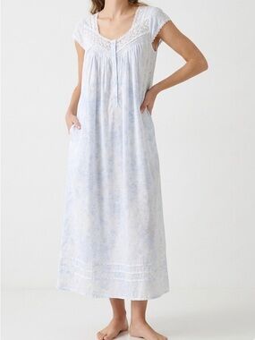 Eileen West Blue Floral Cotton Waltz Nightgown L Lace Cottagecore